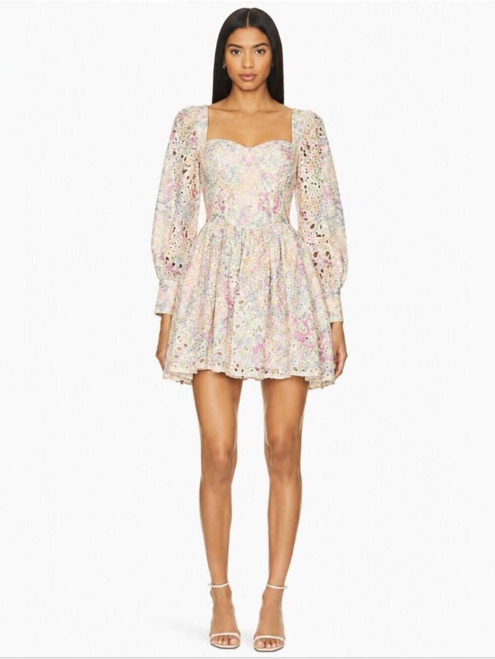 NWT Bardot Lila Flounce Broderie Pastel Floral Long Sleeve Mini Dress